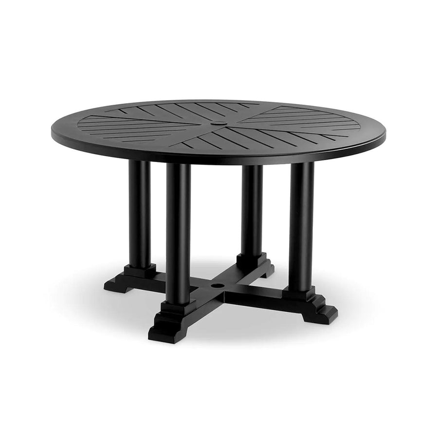 Matt fekete színű, porszórt alumíniumból készült, kerek formájú, formatervezett kerti design étkezőasztal.