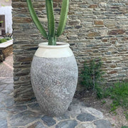 Nagy méretű kerámia kaspó kaktusszal kőfal mellett, természetes provence hangulatban
