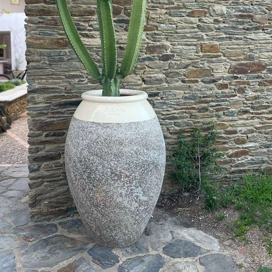 Nagy méretű kerámia kaspó kaktusszal kőfal mellett, természetes provence hangulatban
