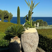 Elefántcsont színű Biot kaspó mediterrán kertben, pálmával és tengeri panorámával