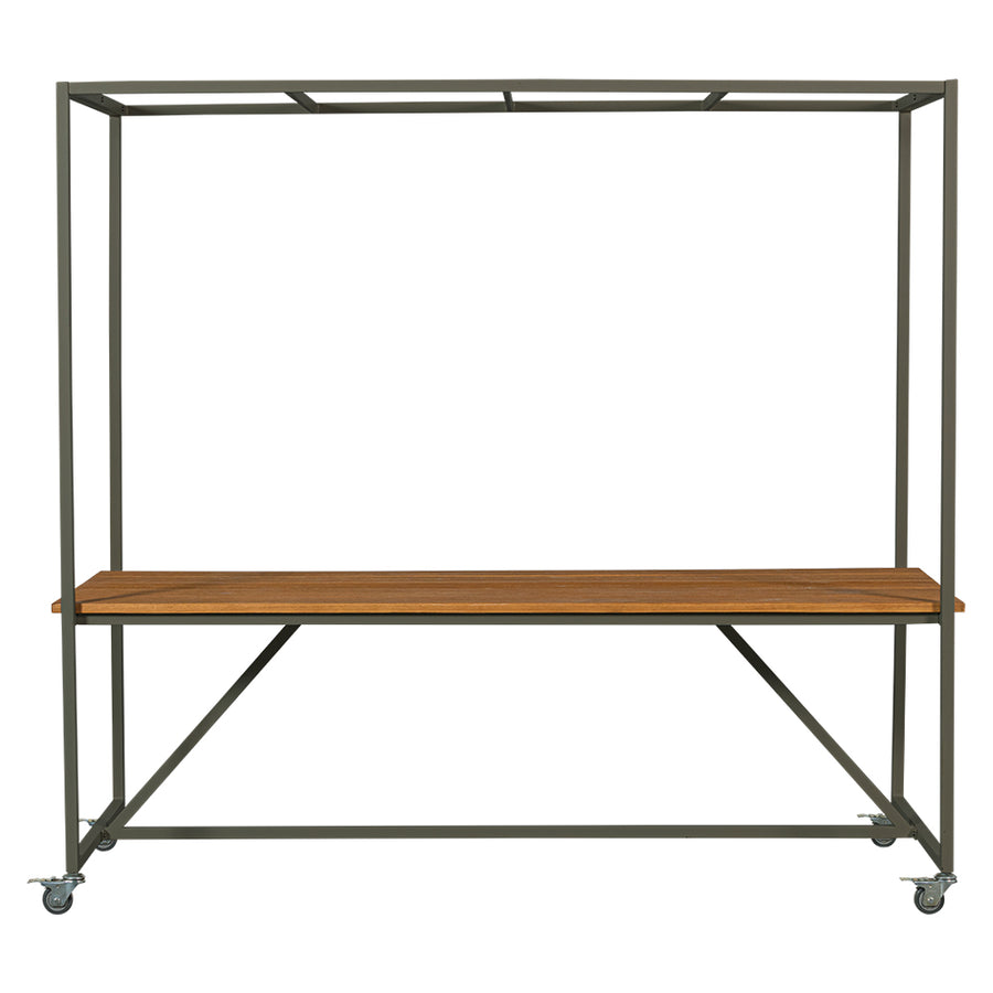 eukaliptuszfa kerti asztal pergola vázzal és kerekekkel