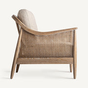 Tömör kőrisfából készült, rattanszövettel kialakított, bézs színű szövettel kárpitozott, formatervezett kortárs fotel.