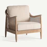 Tömör kőrisfából készült, rattanszövettel kialakított, bézs színű szövettel kárpitozott, formatervezett kortárs fotel.