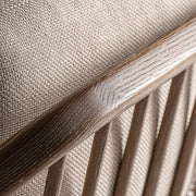 Tömör kőrisfából készült, rattanszövettel kialakított, bézs színű szövettel kárpitozott, formatervezett kortárs fotel.