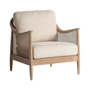 Tömör kőrisfából készült, rattanszövettel kialakított, bézs színű szövettel kárpitozott, formatervezett kortárs fotel.