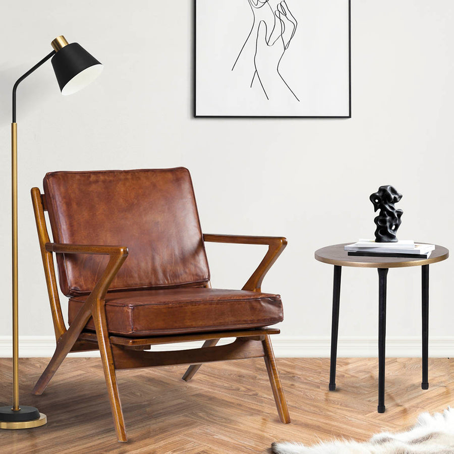 Teakfából készült, antikolt dohánybarna színű bőrrel kárpitozott, kézműves design fotel.