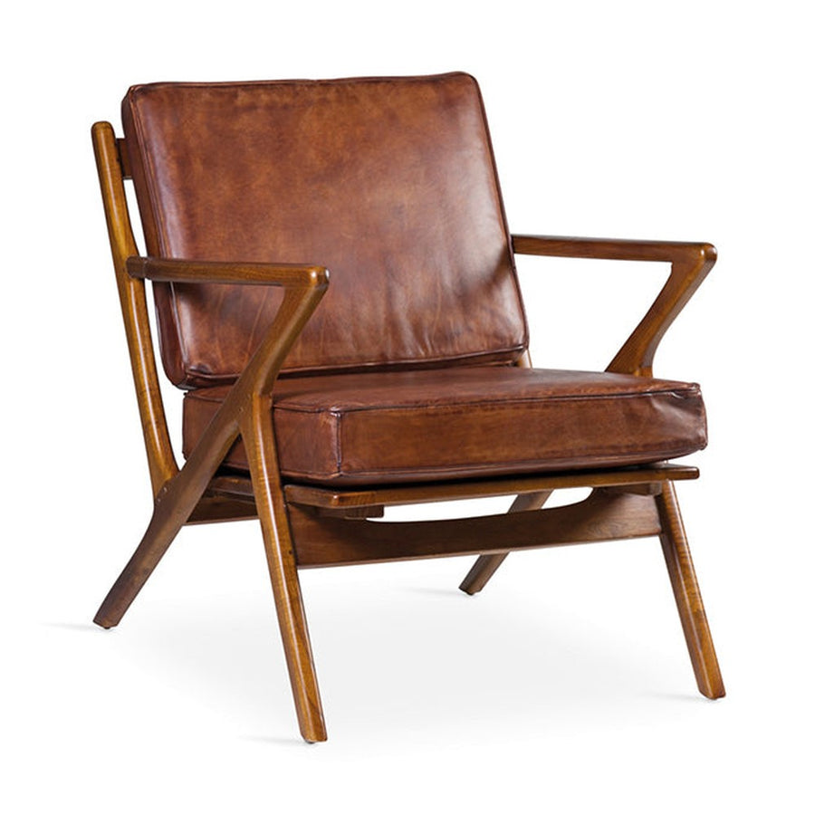Teakfából készült, antikolt dohánybarna színű bőrrel kárpitozott, kézműves design fotel.