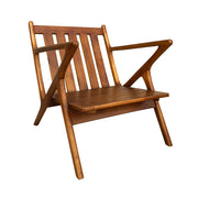 Teakfából készült, antikolt dohánybarna színű bőrrel kárpitozott, kézműves design fotel.