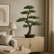 Zöld színű, mű cédrus bonsai fa, fekete színű ovális műanyag cserépben.