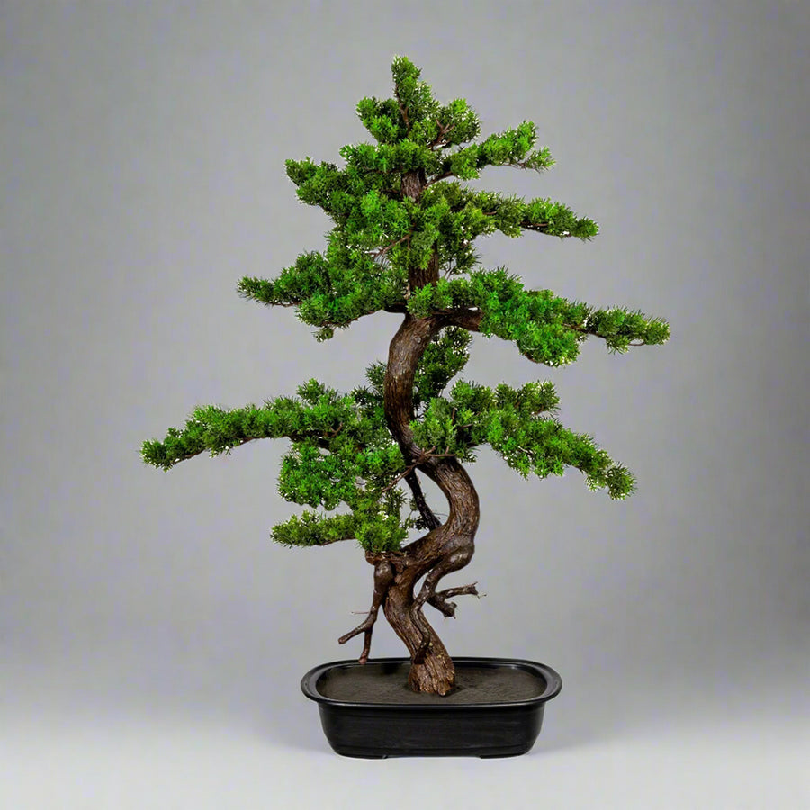 Zöld színű, mű mirtusz bonsai fa, fekete ovális műanyagkaspóban.