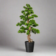 Zöld színű, mű fenyő bonsai fa, fekete színű műanyag cserépben.