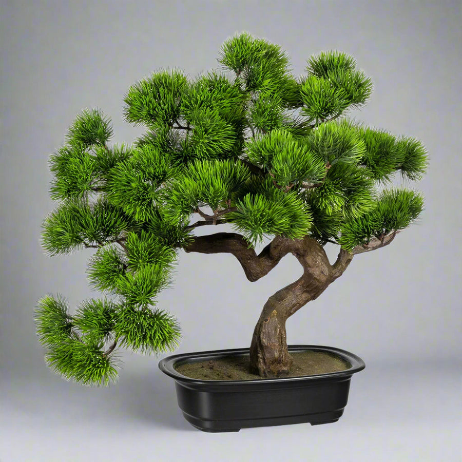 Zöld színű, mű fenyő bonsai fa, fekete színű, ovális műanyag cserépben.