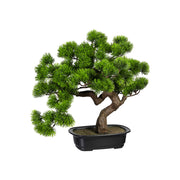 Zöld színű, mű fenyő bonsai fa, fekete színű, ovális műanyag cserépben.