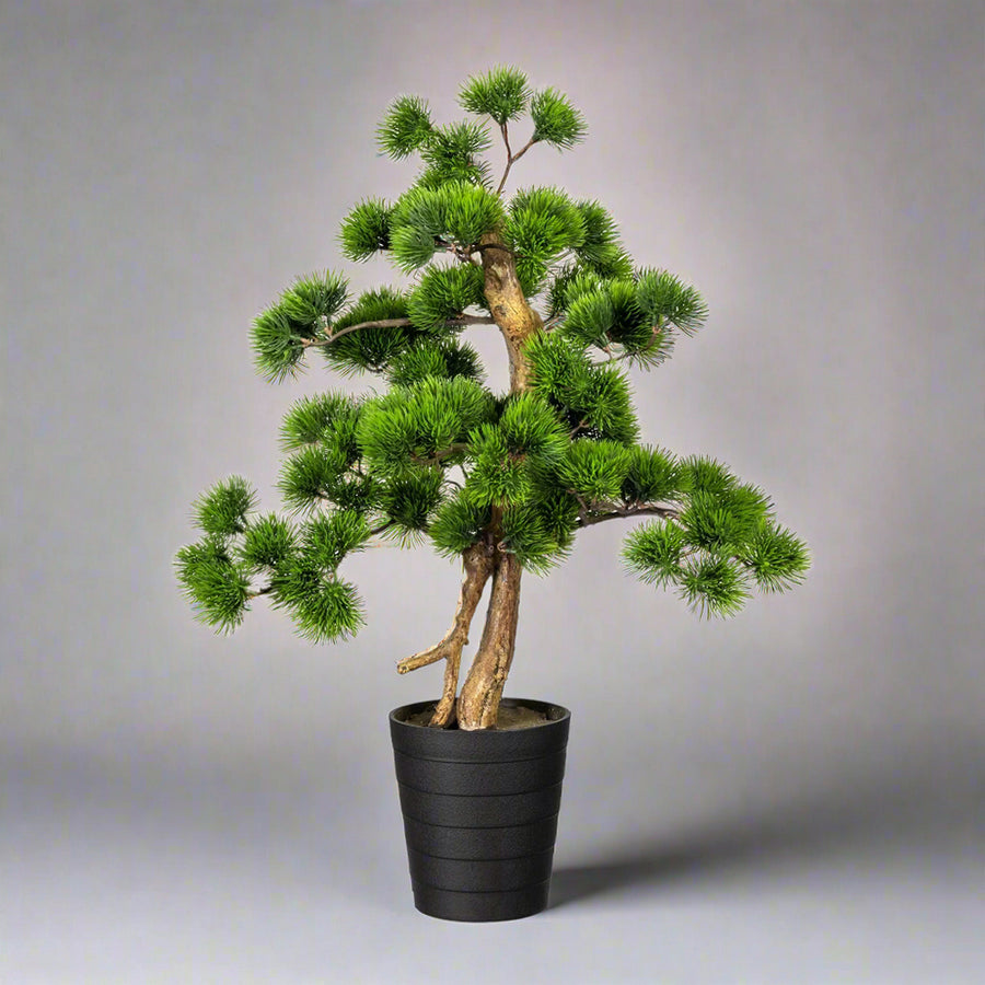 Zöld színű, mű fenyő bonsai fa, fekete színű műanyag cserépben.