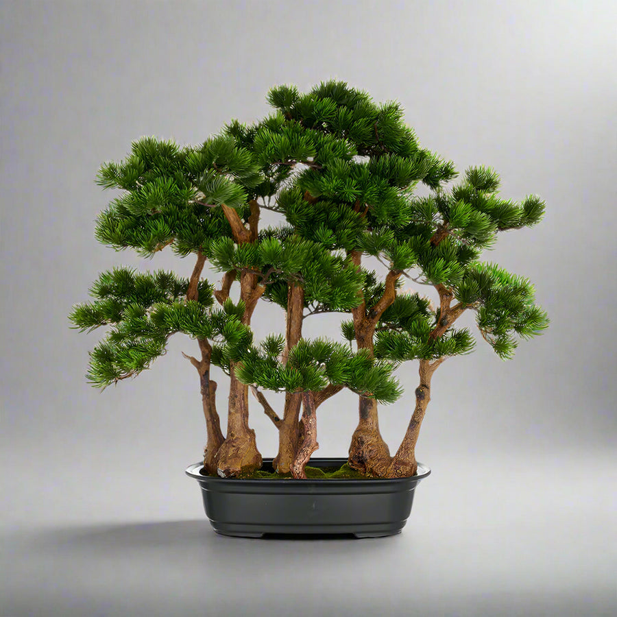Zöld színű, mű fenyő bonsai fa, fekete színű műanyag cserépbe.