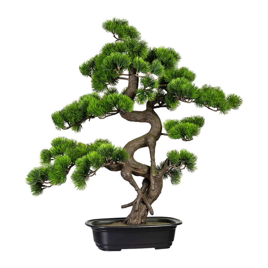 Zöld színű, mű fenyő bonsai fa, fekete színű, ovális műanyag cserépben.