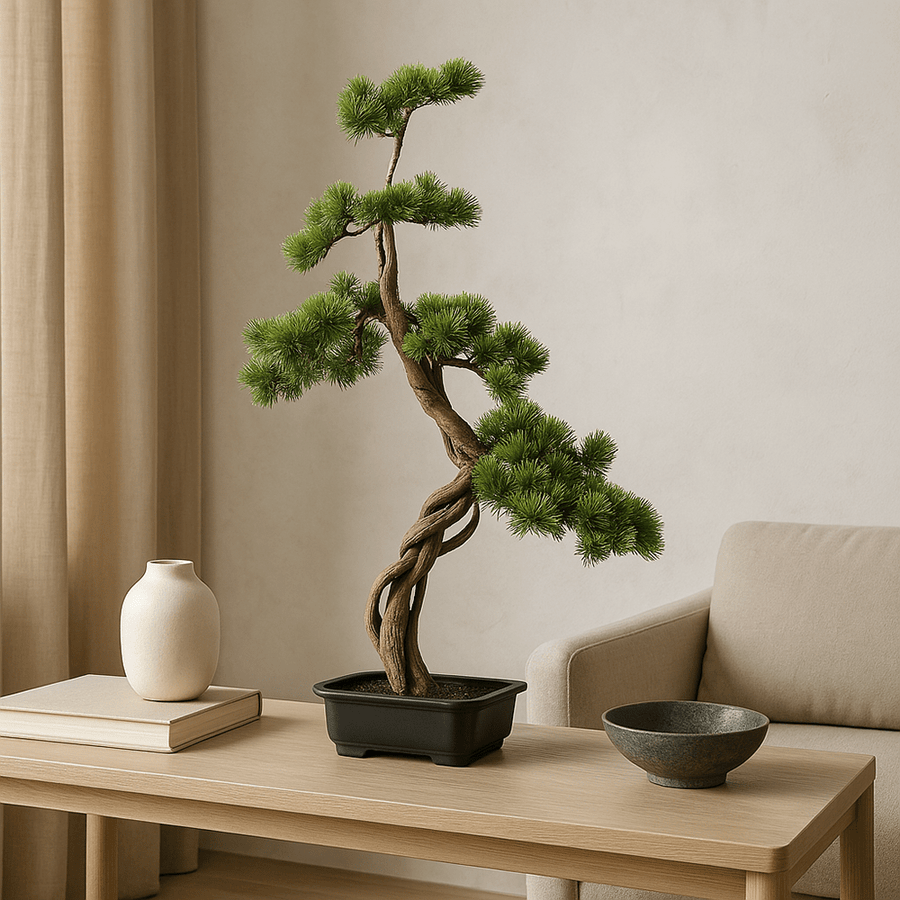 Mű fenyő bonsai fa, fekete színű műanyag cserépben.