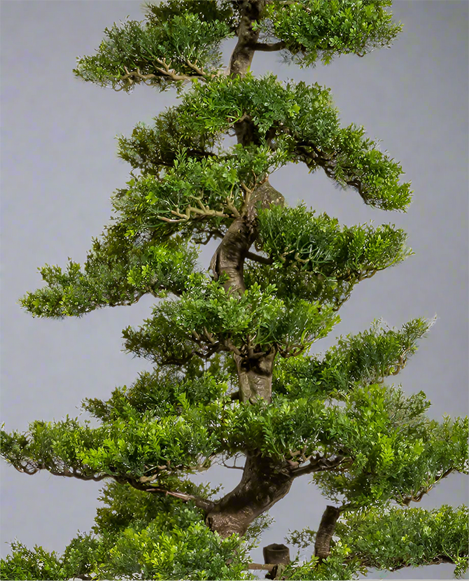 Zöld színű, mű tea bonsai fa, fekete színű műanyag cserépben.