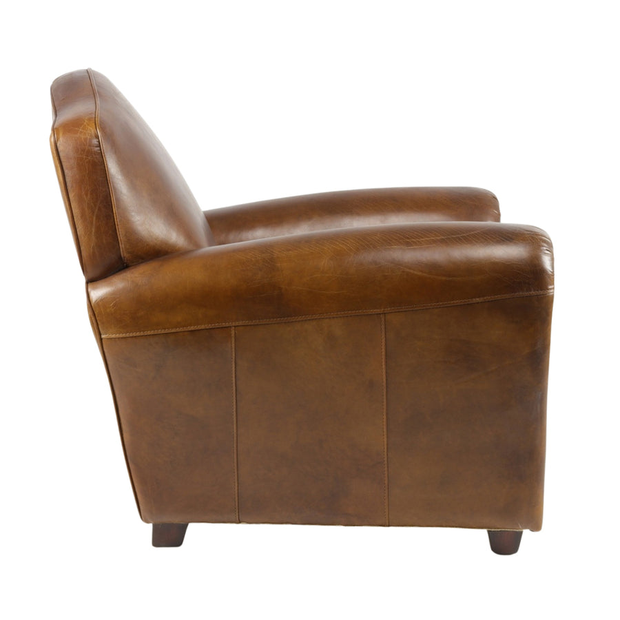 Dohánybarna vintage klubfotel oldalnézetből, klasszikus ívekkel