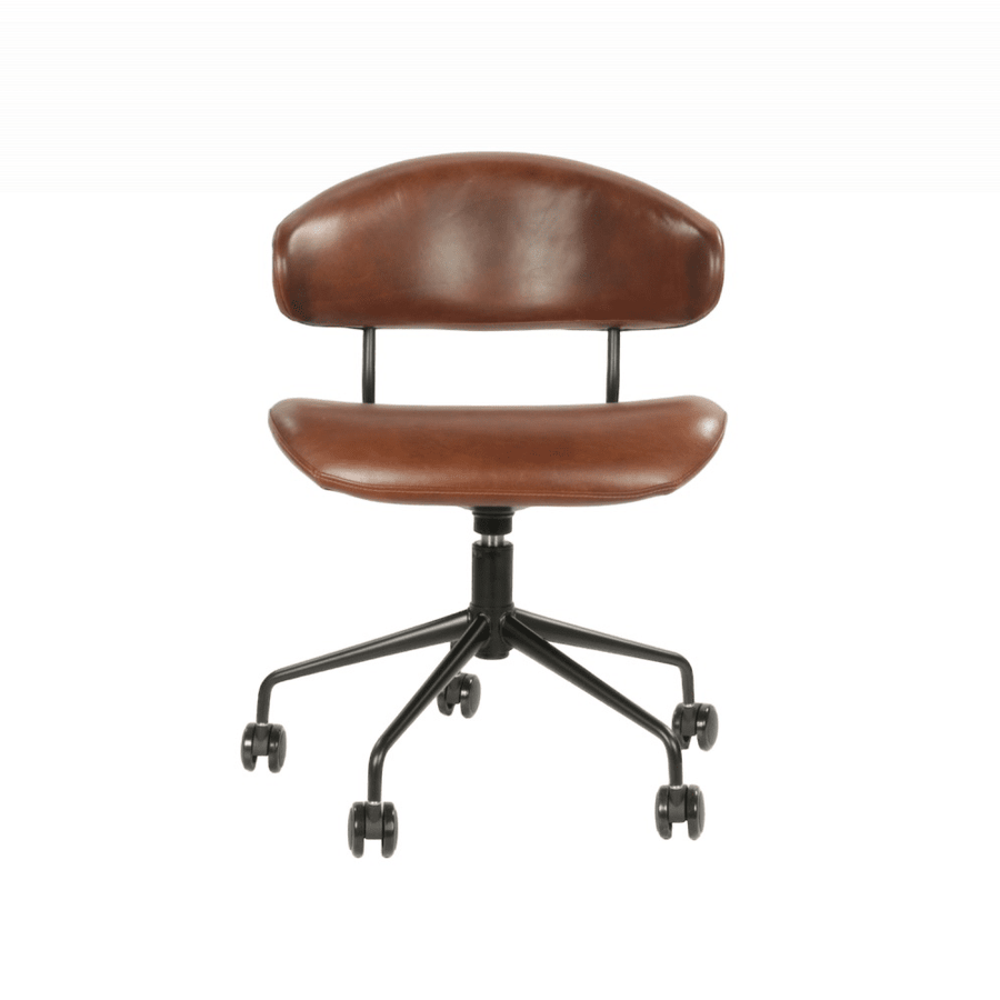 Dohánybarna színű marhabőrrel kárpitozott, bőr irodai forgószék.
