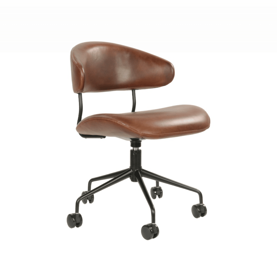 Dohánybarna színű marhabőrrel kárpitozott, bőr irodai forgószék.