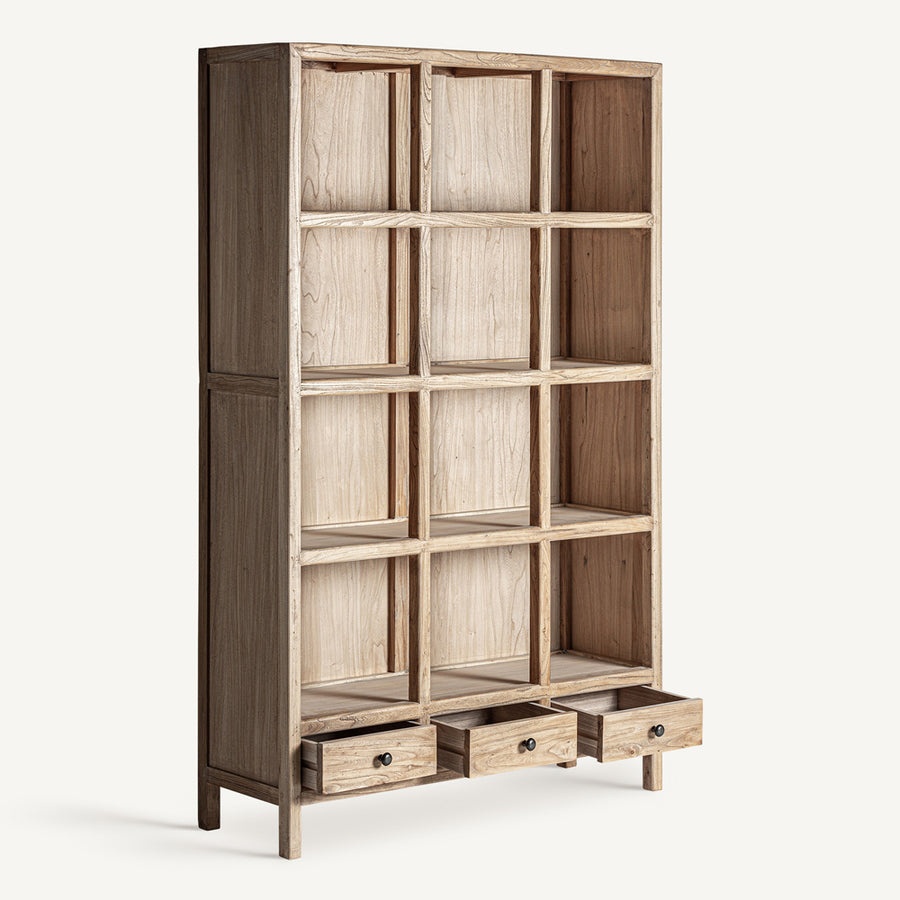 BRECEY szilfa könyvszekrény nyitott fiókokkal, kézműves kidolgozással