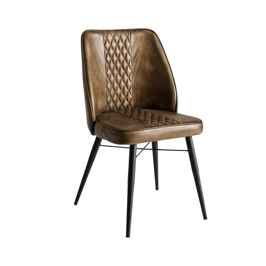 Brouse design szék karamell színű valódi bőr kárpitozással, fekete fém lábakkal, elölnézetből.