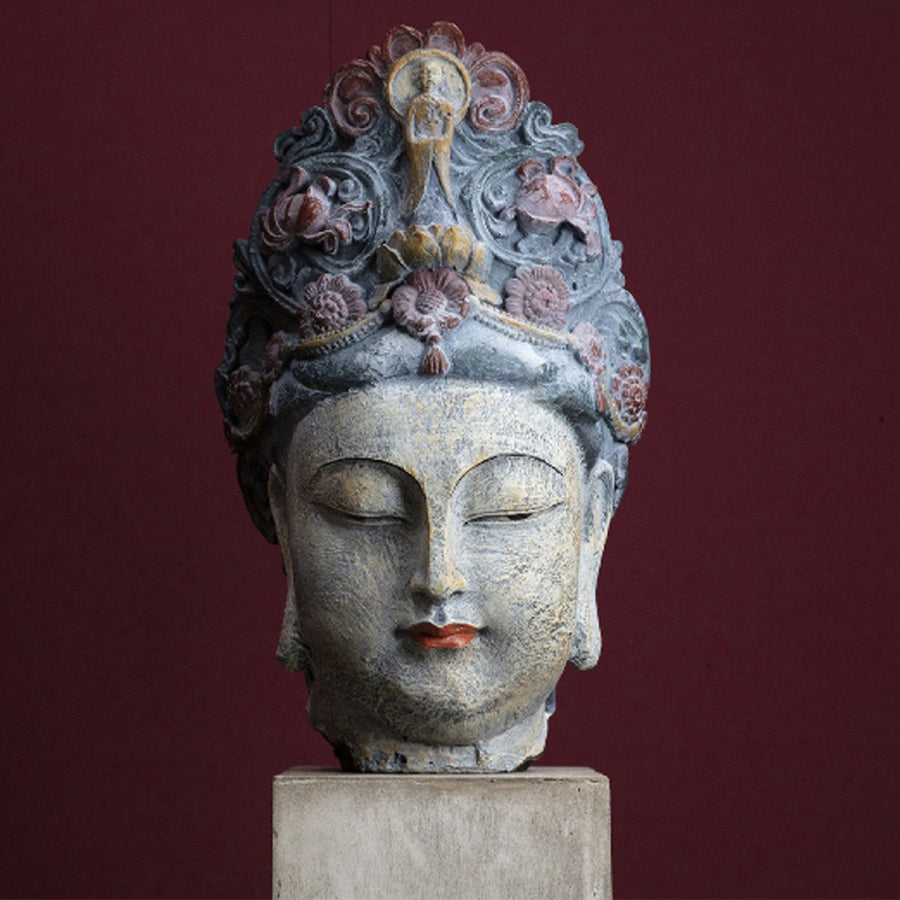 antikolt Buddha fej szobor díszes fejdísszel