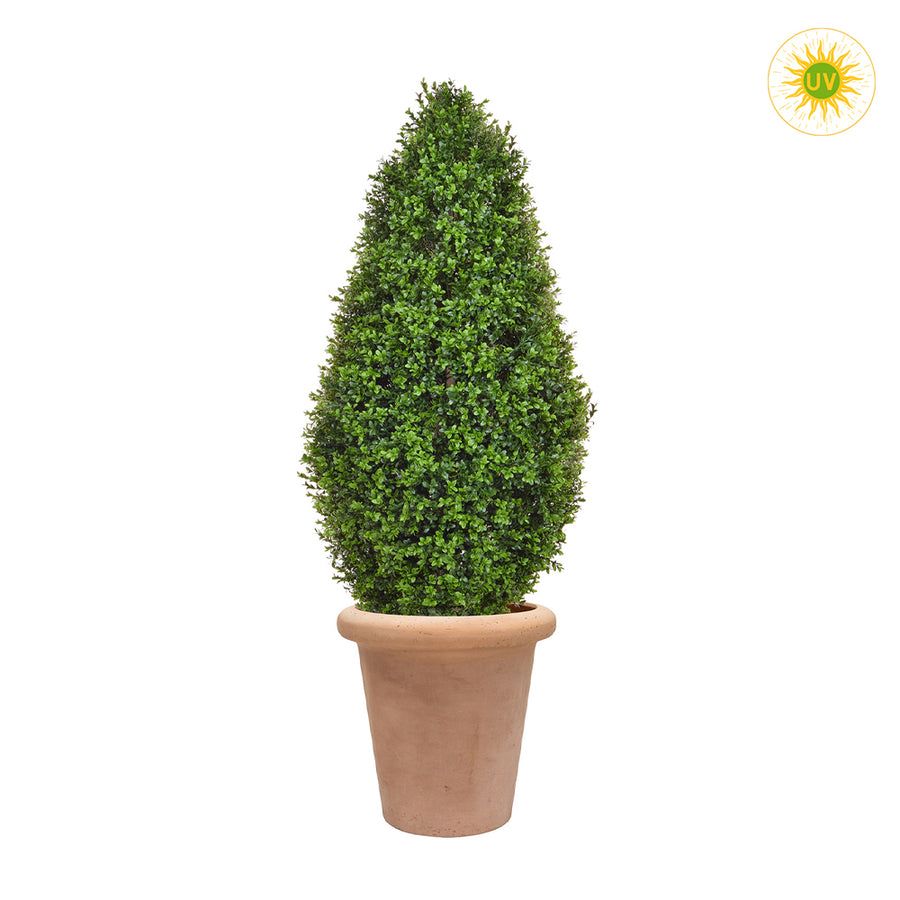 UV-álló mű buxus 130 cm terrakotta kaspóban, kúpos formájú, sűrű zöld lombozattal