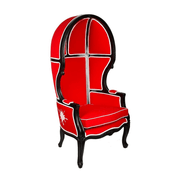 Piros színű szövettel kárpitozott, kortárs stílusú design hintófotel.