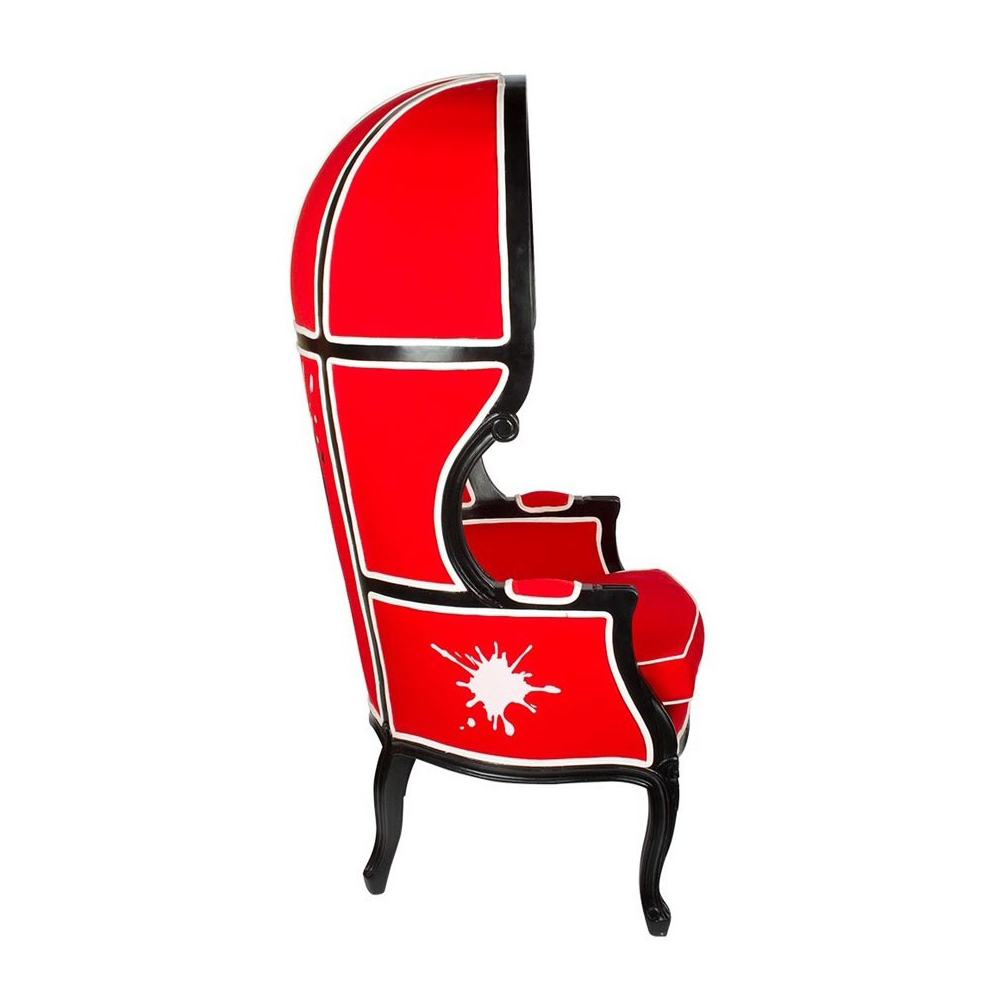 Piros színű szövettel kárpitozott, kortárs stílusú design hintófotel.