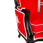 Piros színű szövettel kárpitozott, kortárs stílusú design hintófotel.