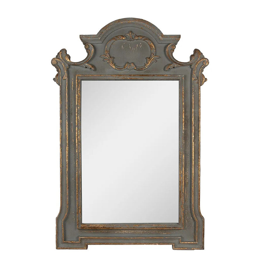Antikolt, szürkészöld színű, faragott fa falitükör a Casa Roma kollekcióból, arany patinával díszítve.