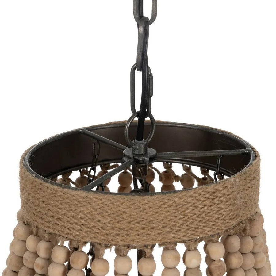 Natúr színű, tölgyfa gyöngysorokkal díszített, fém függeszték lámpa.