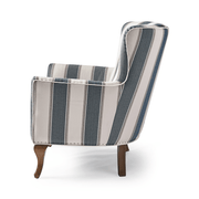 Kék és fehér csíkos szövettel kárpitozott, kézműves füles fotel.