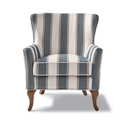 Kék és fehér csíkos szövettel kárpitozott, kézműves füles fotel.