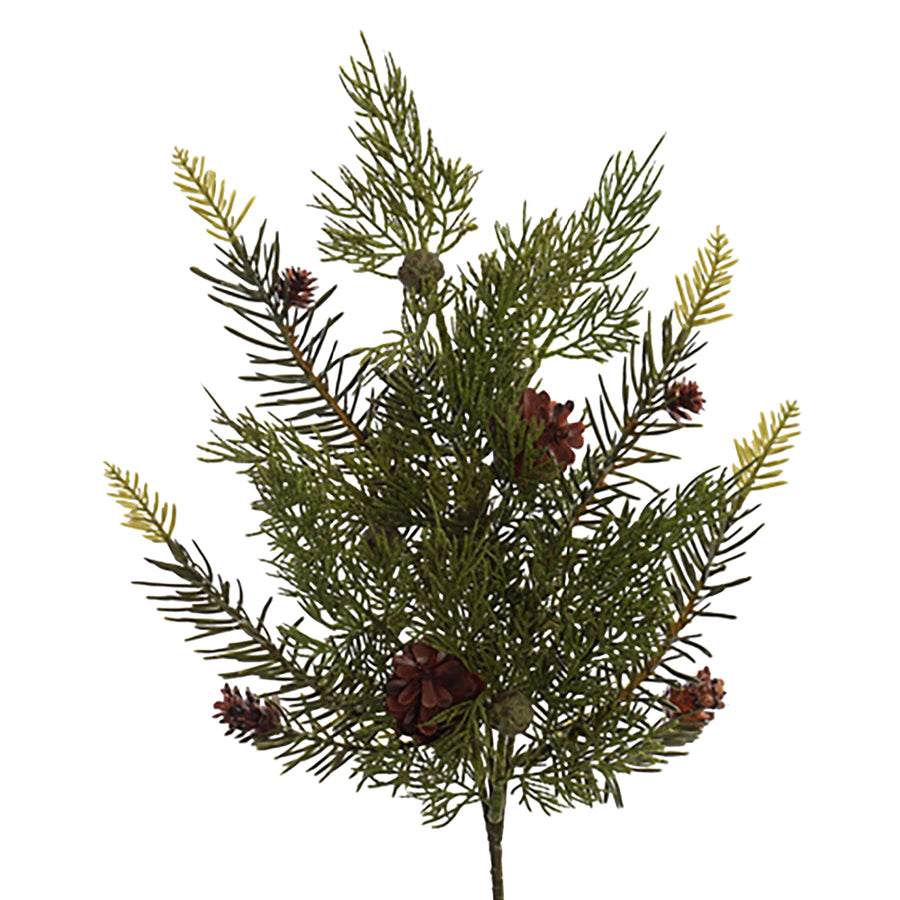 Élethű cédrusfenyő műág 43 cm, sűrű tűlevelekkel és dísztobozokkal, téli dekorációhoz.