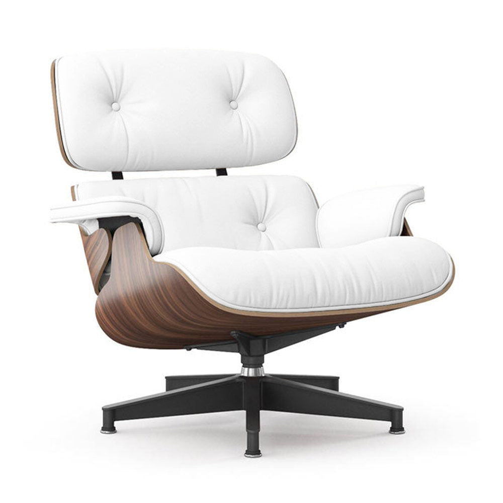 Eames Lounge Chair ihlette replika pihenőfotel fehér kárpittal és diófurnér héjelemekkel