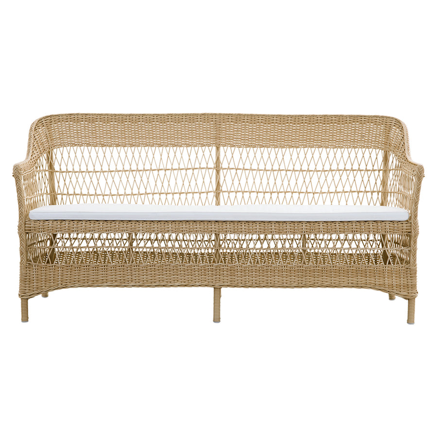 Vintage, natúr színű, 3 személyes műrattan kerti kanapé.