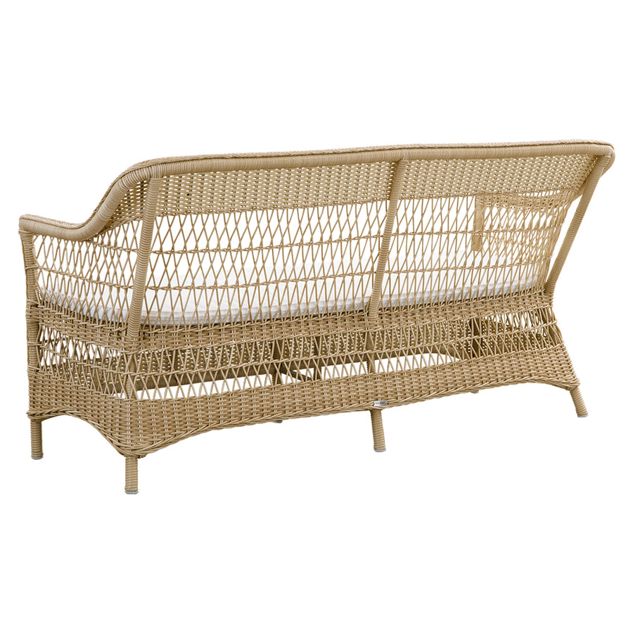 Vintage, natúr színű, 3 személyes műrattan kerti kanapé.