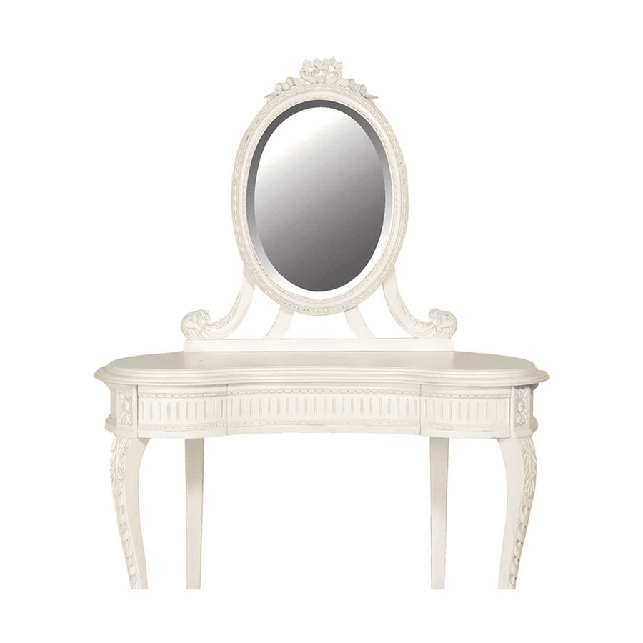 Törtfehér színű, gazdagon díszített kézműves fésülködőasztal.