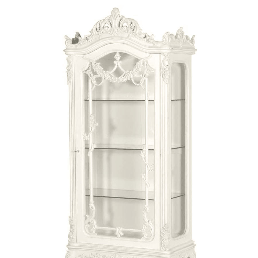 Törtfehér színű, gazdagon díszített kézműves display vitrin.