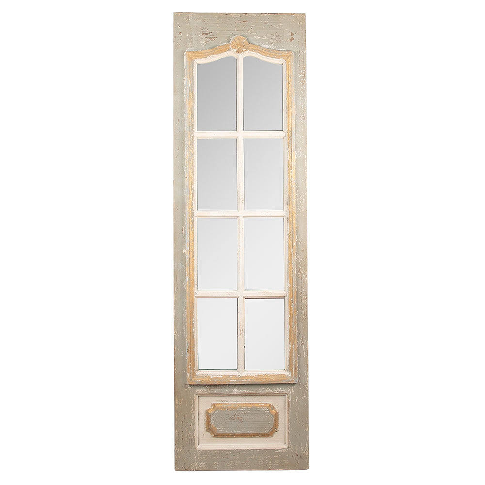 Shabby chic stílusú, kazettás osztású, szürkésbézs antik falitükör elölnézetből.