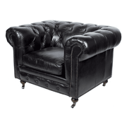 Fekete bőrfotel hátsó nézetből, klasszikus Chesterfield vonalvezetéssel.