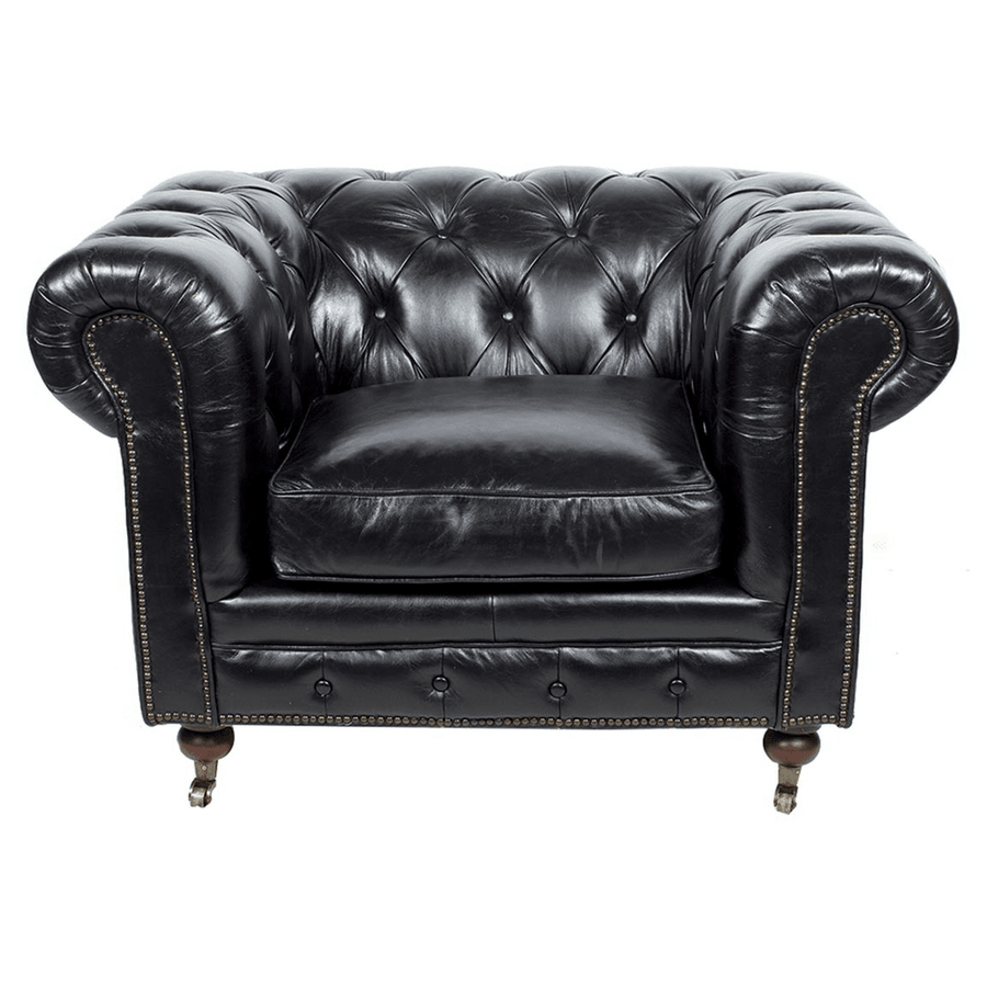 Egyszemélyes fekete Chesterfield bőrfotel elölnézetből, mélygombozott háttámlával.