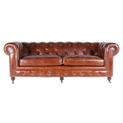 CHESTERFIELD CIGAR 3 személyes vintage bőrkanapé elölnézeti fotó, dohányszínű marhabőrrel és mélygombos háttámlával