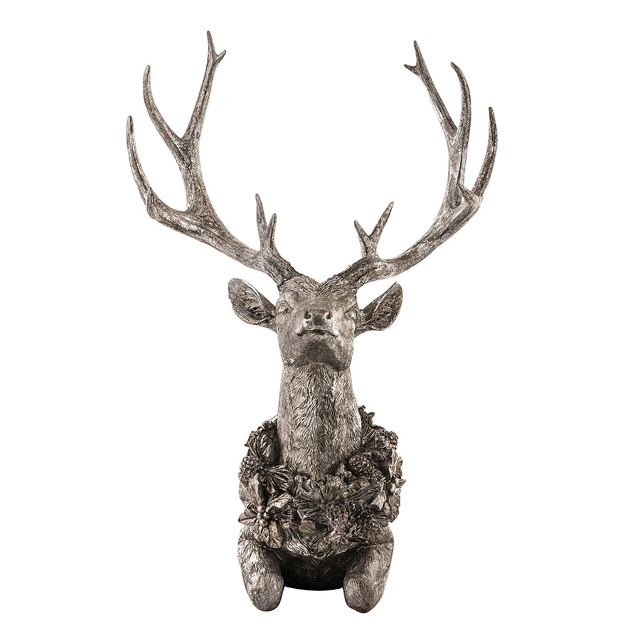 ANTIQUE ezüst karácsonyi szarvas figura elölnézetből, széttáruló aganccsal és díszes nyakfüzérrel.