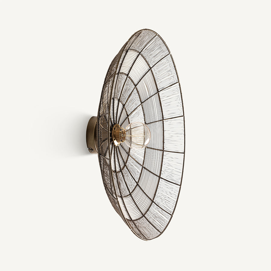 Circle falilámpa oldalnézetből, homorú tányérformában, E27-es foglalattal és bronz színű, geometrikus huzalszerkezettel.