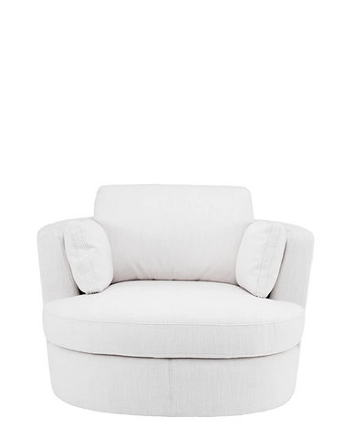 Fehér, szövetkárpitozású, forgó design fotel elölről, párnákkal.