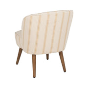 Okker csíkos klub fotel hátulnézetből, fa lábakkal.